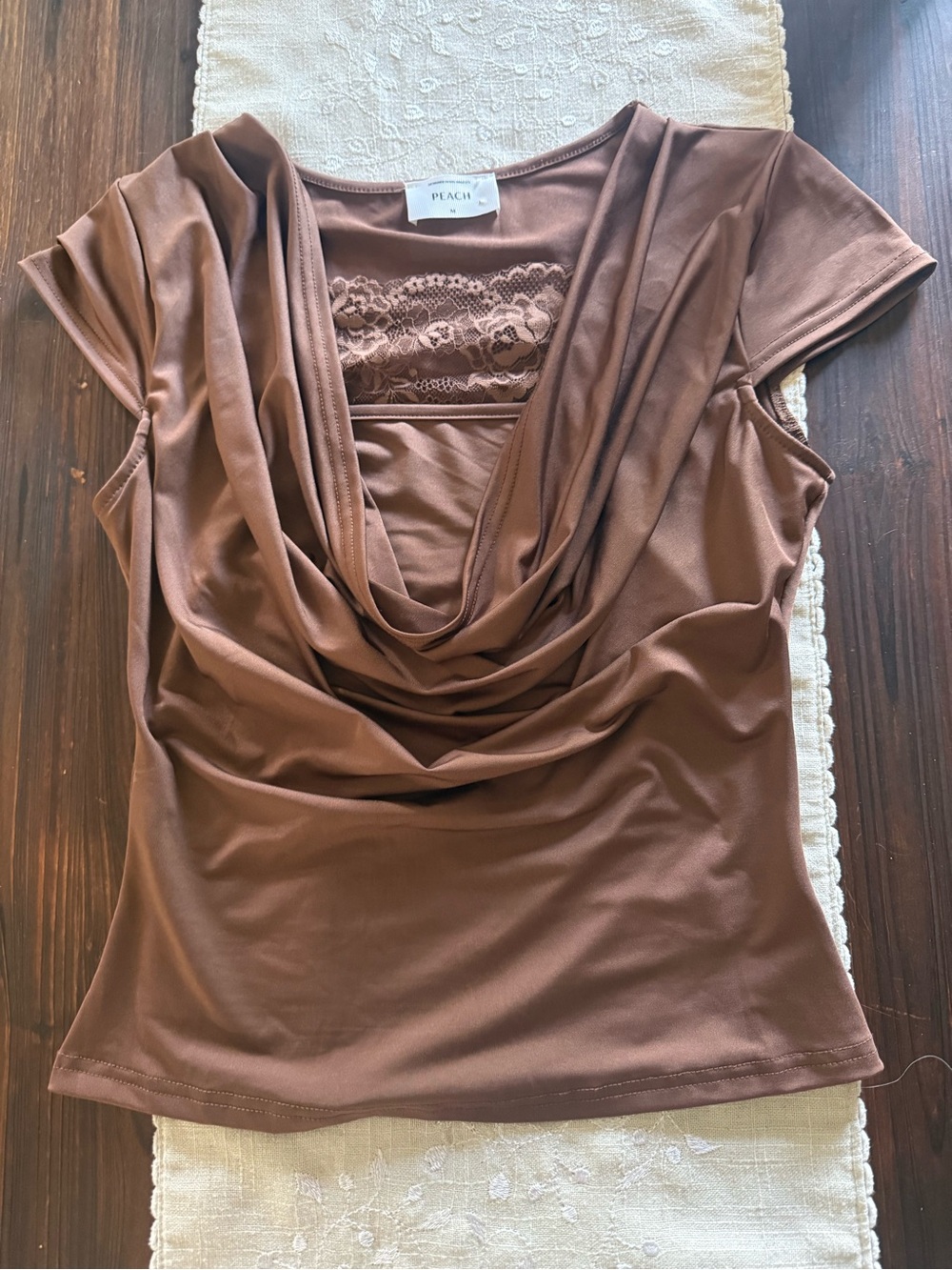 Peach Love California Brown Cowl-Neck Lace Inset Top